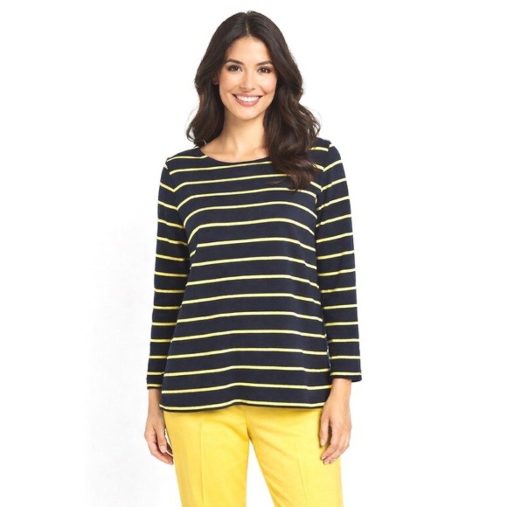 Gap Navy Blue Yellow Striped 3/4 Sleeve‎ Cotton Top Pullover S Nautical 50-17